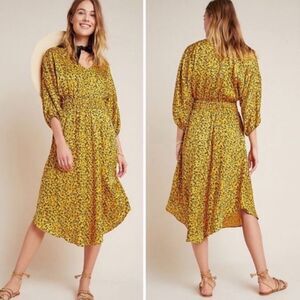Anthropologie Marigold Floral Midi Dress Yellow Boho Wedding Guest XS Smocked